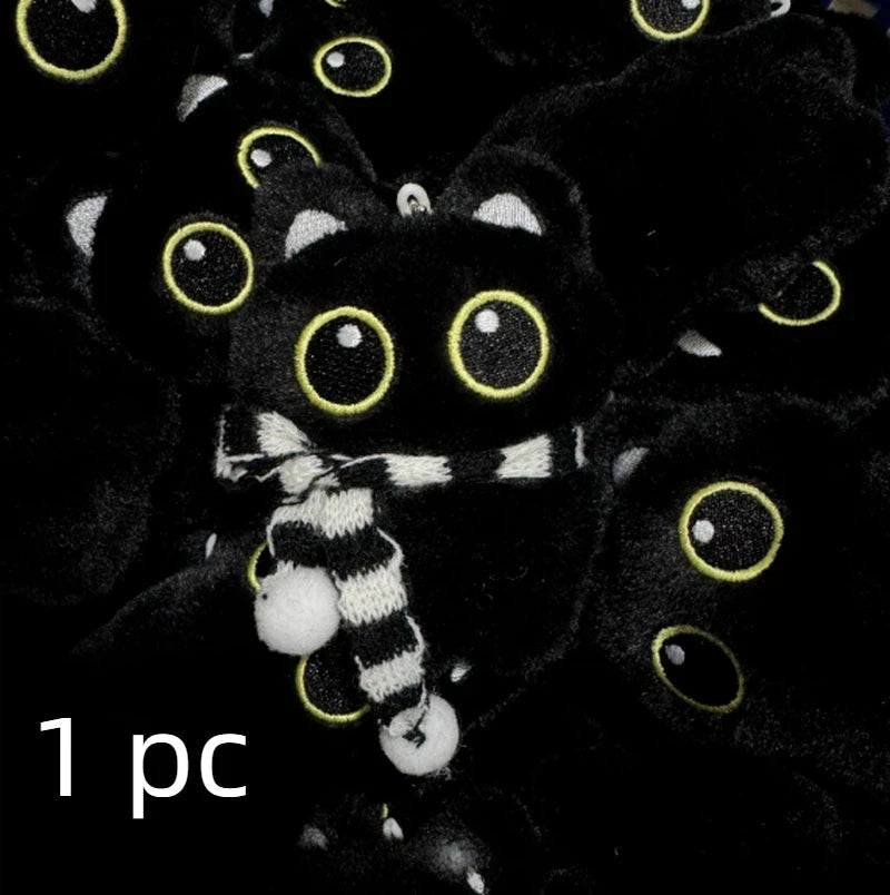 New Kawaii Big Eyes Cat Plush Doll With Scarf Black Cat Keychain Bag Pendant Cartoon Kitten Ornament Festival Gift For Friends