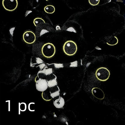 New Kawaii Big Eyes Cat Plush Doll With Scarf Black Cat Keychain Bag Pendant Cartoon Kitten Ornament Festival Gift For Friends