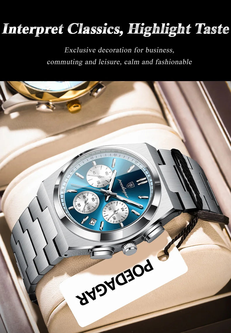 POEDAGAR Fashion Man Watches Chronograph Date Stainless Steel Casual Men Wristwatch Waterproof Luminous Men's Quartz Watch Reloj