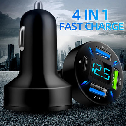 4 in 1 Car Charger Quick Charge PD QC3.0 With Voltmeter Cigarette Lighter Socket Power Adapter For IPhone11 12 Samsung Huawei