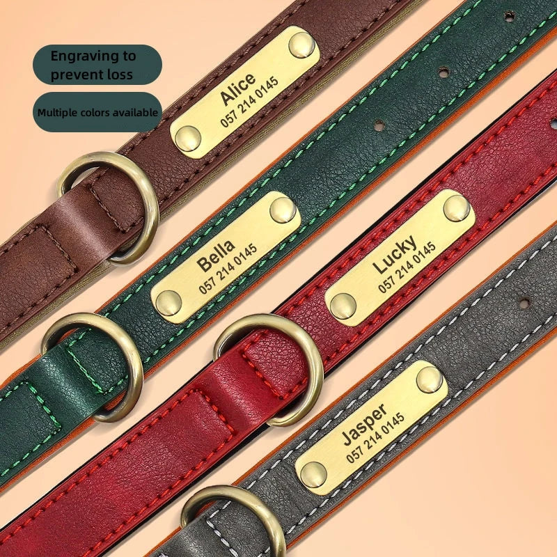 Customizable Leather Dog Collars Personalized Engraved Nameplate, Soft Padded Collar with Custom ID Tag, Adjustable for All Pet
