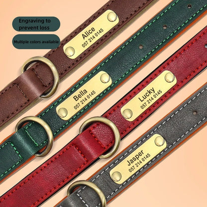 Customizable Leather Dog Collars Personalized Engraved Nameplate, Soft Padded Collar with Custom ID Tag, Adjustable for All Pet