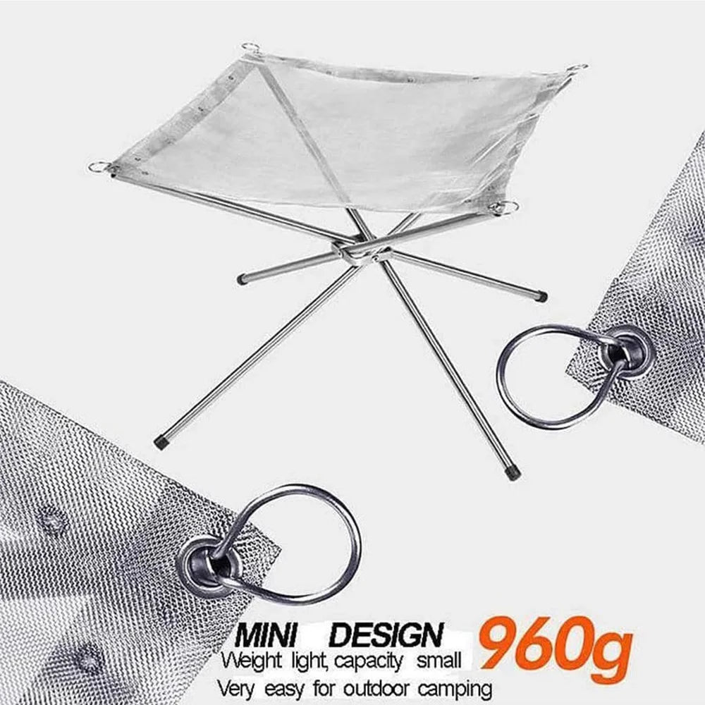Portable Outdoor BBQ Bonfire Rack, BBQ Fire Pit Grill, Stainless Steel Mesh Fire Pit Wood Stove Stand, Foldable Fire Frame Rack