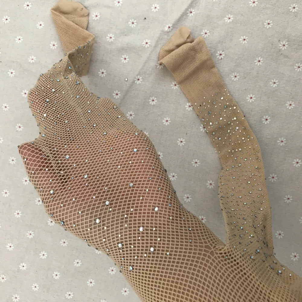 Child Fish Net Rhinestone Stretchy Tight Performance Costume Fishnet Legging Princess Baby Girls Shining Diamonds Mesh Pantyhose
