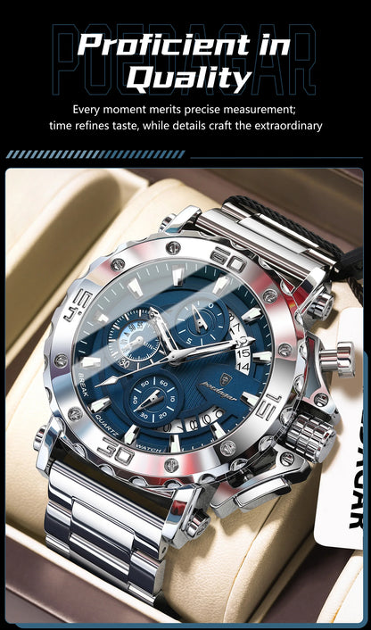 POEDAGAR Luxury Men's Watch Calendar Luminous Waterproof Man Clock Chronograph Stainless Steel Quartz Watches For Men Reloj Gift