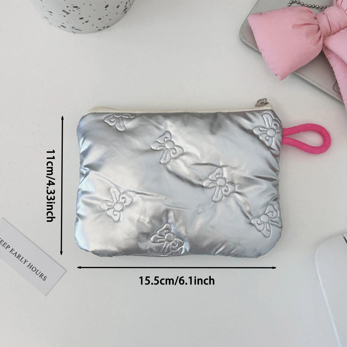 Silver Lingge Bow Pattern Coin Purses Small Canvas Coin Wallet Lady Girls Earphone Coin Key Money Storage Bag Zipper Pouch