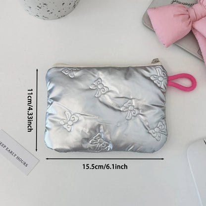 Silver Lingge Bow Pattern Coin Purses Small Canvas Coin Wallet Lady Girls Earphone Coin Key Money Storage Bag Zipper Pouch