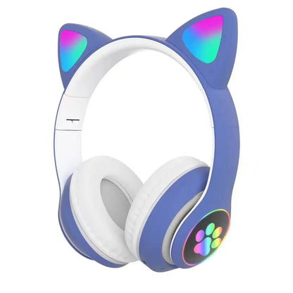 Cute Cat Ear Bluetooth Compatible Headset with LED Wireless Headset Children Girls Stereo Folding Sports Headset with Microphone