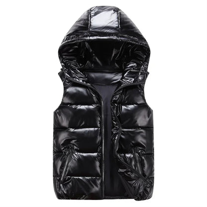 Men’s Glossy Hooded Winter Padded Vest - Waterproof Thicken Sleeveless Jacket, Casual Warm Outwear Waistcoat (Up to 4XL)