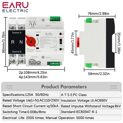 Din Rail ATS PV 2P 4P 125A AC 230V 110V Dual Power Automatic Transfer Switch Electrical Selector Switches Uninterrupted Power