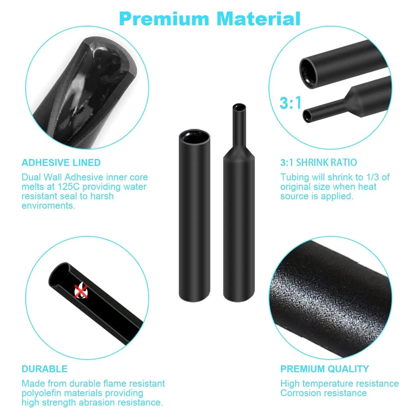 3:1 Ratio Heat Shrink Tubing Kit Black Adhesive Lined Wire Shrink Wrap Tube Industrial Wire Connector Cable Sleeves Protecter