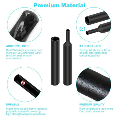 3:1 Ratio Heat Shrink Tubing Kit Black Adhesive Lined Wire Shrink Wrap Tube Industrial Wire Connector Cable Sleeves Protecter