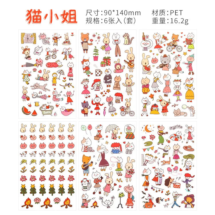 6Pieces/Set Transparent Pvc Waterproof Cartoon Sticker DIY Hand Account Decorative Stickers Kawaii Phone Cup Stickers
