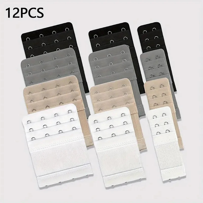 12 Adjustable Bra Extenders - 2/3/4 Hook Design, Soft Stretch Fabric, Suitable for Bras, Tanks, Swimsuits - Multicolor (Black/Gray/Beige/White) - Women's Underwear Extension Strap for Long-Lasting Support and Fit