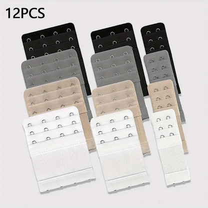 12 Adjustable Bra Extenders - 2/3/4 Hook Design, Soft Stretch Fabric, Suitable for Bras, Tanks, Swimsuits - Multicolor (Black/Gray/Beige/White) - Women's Underwear Extension Strap for Long-Lasting Support and Fit