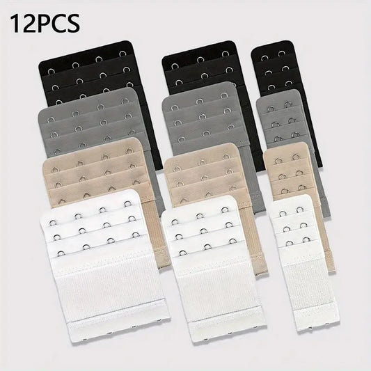 12 Adjustable Bra Extenders - 2/3/4 Hook Design, Soft Stretch Fabric, Suitable for Bras, Tanks, Swimsuits - Multicolor (Black/Gray/Beige/White) - Women's Underwear Extension Strap for Long-Lasting Support and Fit