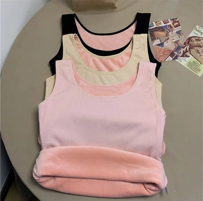 Women'S Winter Thermal Underwear Top Seamless Plus Velvet Shirt Sleeveless Vest Warm Female Undershirt Solid Color Sexy Lingerie