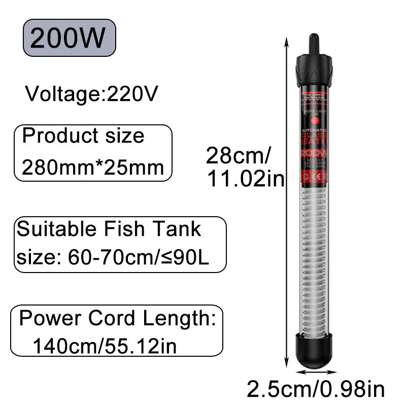 Aquarium Submersible Heater Fish Tank Water Heating Rod Constant Thermostat Temperature Control 220V 25W/50W/100W/200W/300W