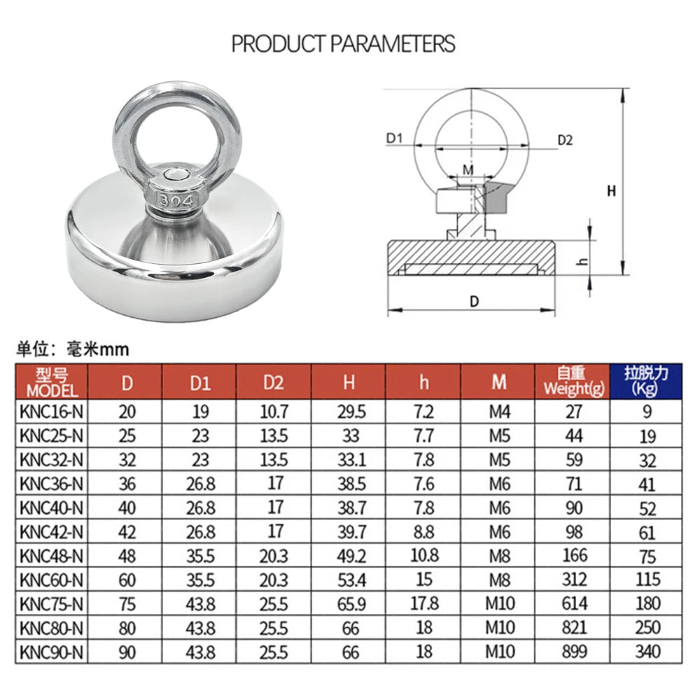 D16~D42mm Super Strong Neodymium Fishing Hook N52 Heavy Duty Rare Earth Neodymium with Countersunk Hole Eyebolt Salvage Magnetic
