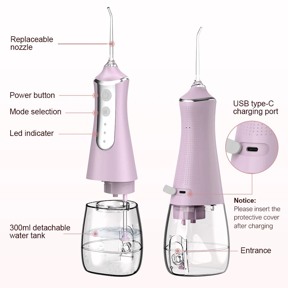 Dental Oral Irrigator Water Flosser Thread Teeth Pick Mouth Washing Machine 5 Nozzels 3 Modes USB Rechargeable 300ml Tank