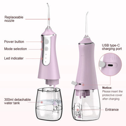 Dental Oral Irrigator Water Flosser Thread Teeth Pick Mouth Washing Machine 5 Nozzels 3 Modes USB Rechargeable 300ml Tank