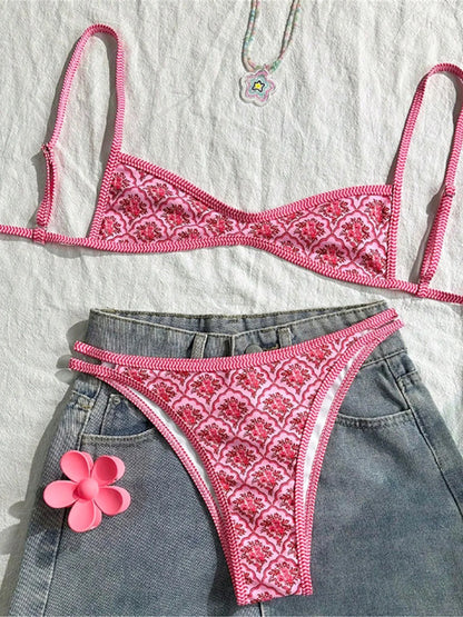 S - XL Flowers Printed High Leg Cut Bikini Female Swimsuit Women Swimwear Two-pieces Bikini set Bather Bathing Suit Swim V6965