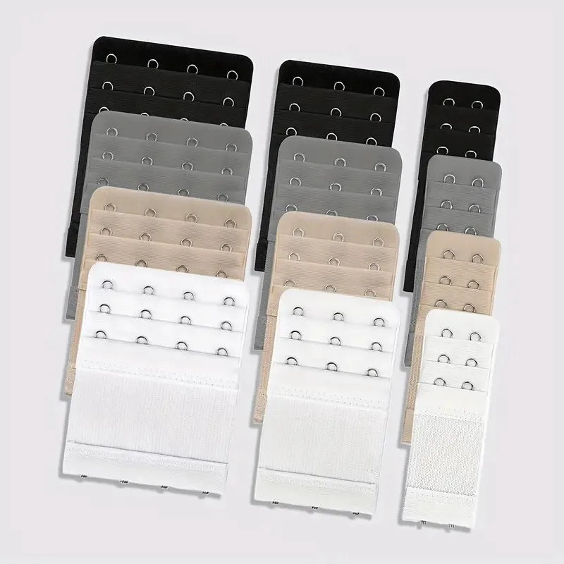 12 Adjustable Bra Extenders - 2/3/4 Hook Design, Soft Stretch Fabric, Suitable for Bras, Tanks, Swimsuits - Multicolor (Black/Gray/Beige/White) - Women's Underwear Extension Strap for Long-Lasting Support and Fit