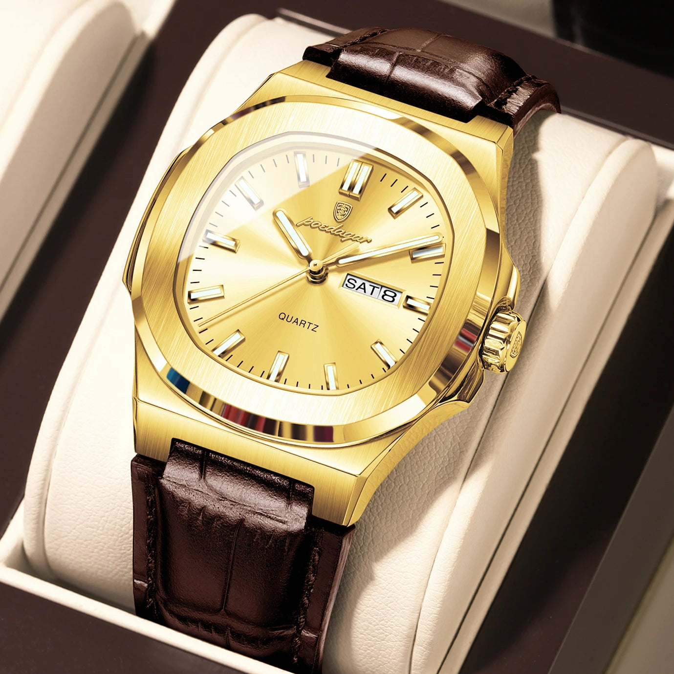 POEDAGAR Square Wristwatch For Men Luminous Waterproof Week Calendar Luxury Man Clock Leather Quartz Fashion Men's Watches Reloj