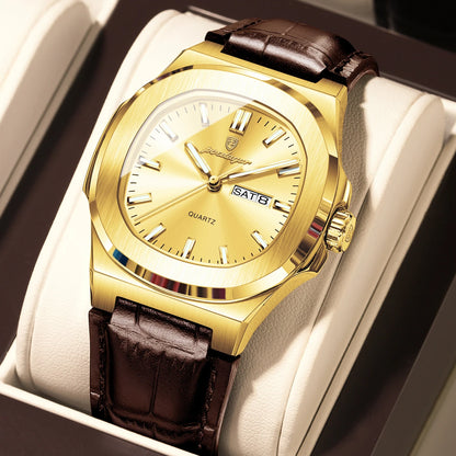 POEDAGAR Square Wristwatch For Men Luminous Waterproof Week Calendar Luxury Man Clock Leather Quartz Fashion Men's Watches Reloj