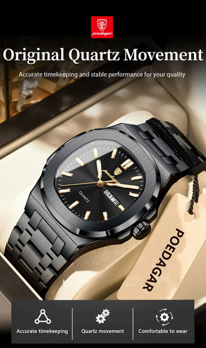 POEDAGAR Square Luxury Men's Wristwatch Luminous Waterproof Stainless Steel Male Clock Week Date Original Quartz Watches For Men