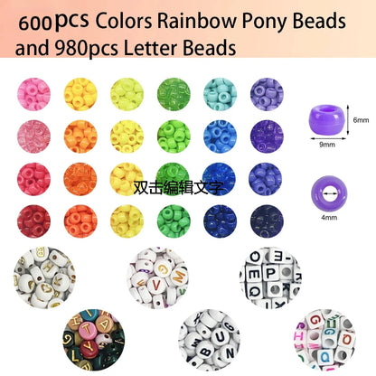 Pony Beads for Friendship Bracelet Making Kit 24 Colors Kandi Beads Set, 720pcs Plastic Rainbow Bulk and 980pcs Letter Beads wit