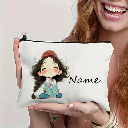 Custom Name Vintage Cute Girl Pattern Makeup Bag Handbag Toiletry Bag Pencil Case Holiday Gift Cosmetic Bag