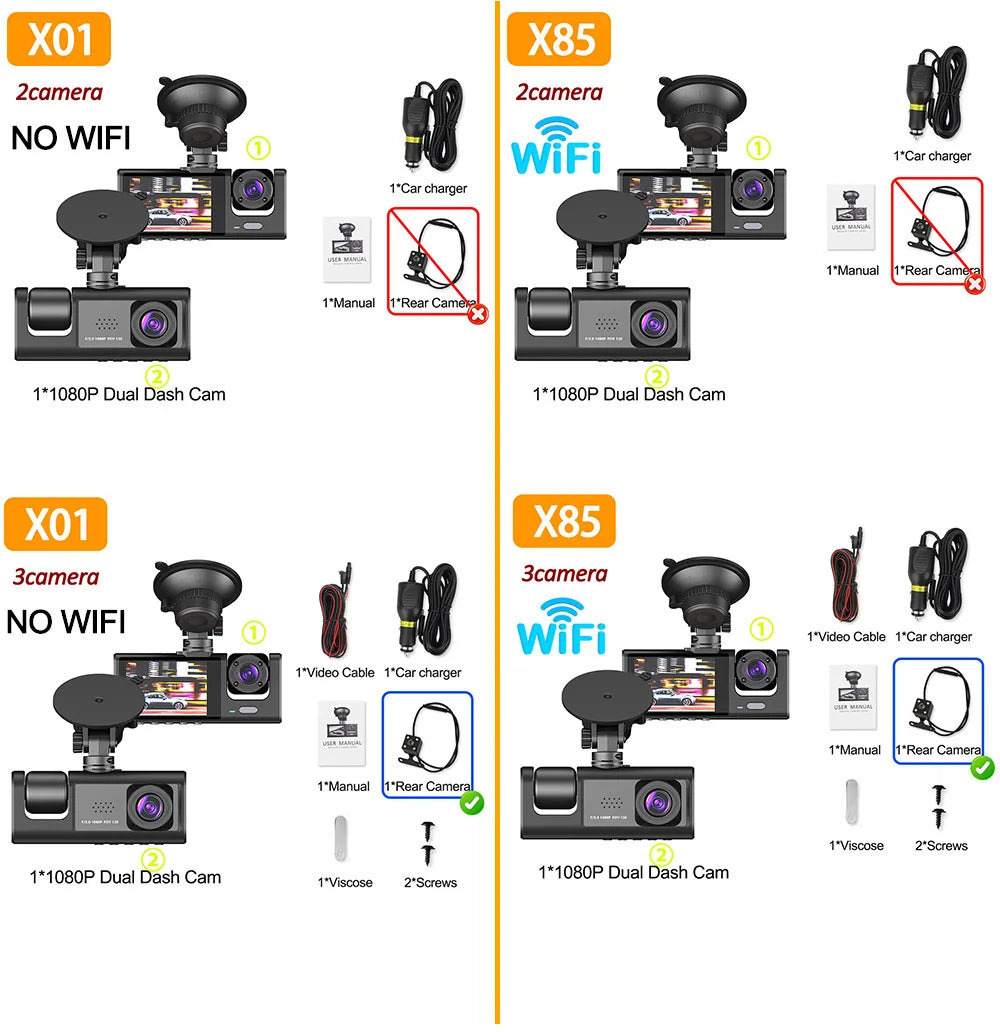 Wifi 3 Channel Dash Cam Night Vision Loop Recording & 2" IPS Screen 1080P 2/3Camera DVR Recorder, Video Recorder, Vehicle DVR