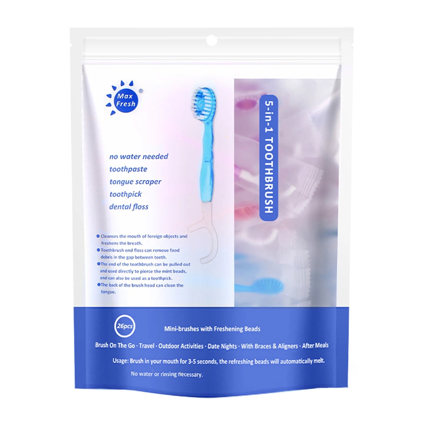 26pcs/Set Portable 5 in 1 Travel Toothbrush Set Disposable Mini Toothbrushes with Toothpaste Tongue Scraper Flosses Kit