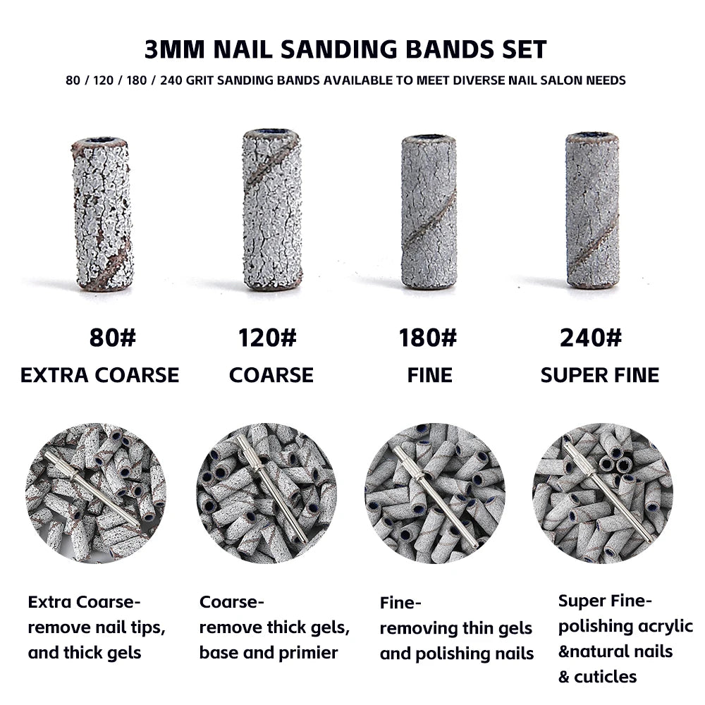 3mm Nail Sanding Bands-80/120/180/240 Grit Mini Nail Drill Bit Electric Nail File Accessory Polishing Manicure Tool 50/100pcs