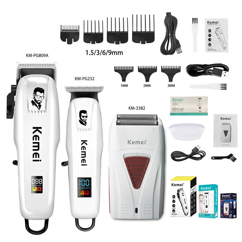 Kemei KM-PG809A KM-PG232 KM-3382 Professional Hair Clipper Set USB Charging Rechargeable Electric Shaver Cordless Beard Trimmer