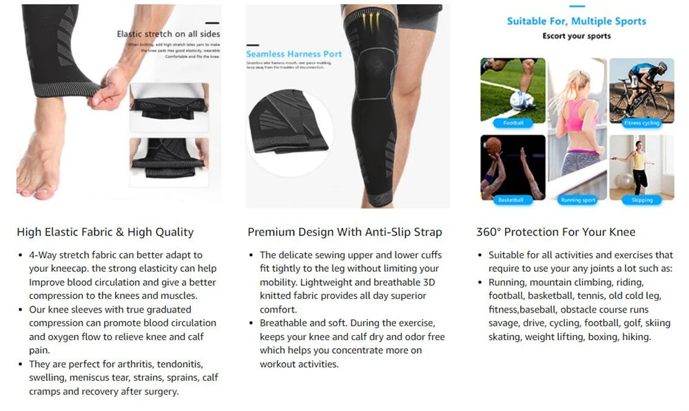 BraceTop 1 PC Full Leg Sleeves Long Compression Leg Sleeve Knee Sleeves Protect Leg, for Man Women Basketball, Arthritis Cycling