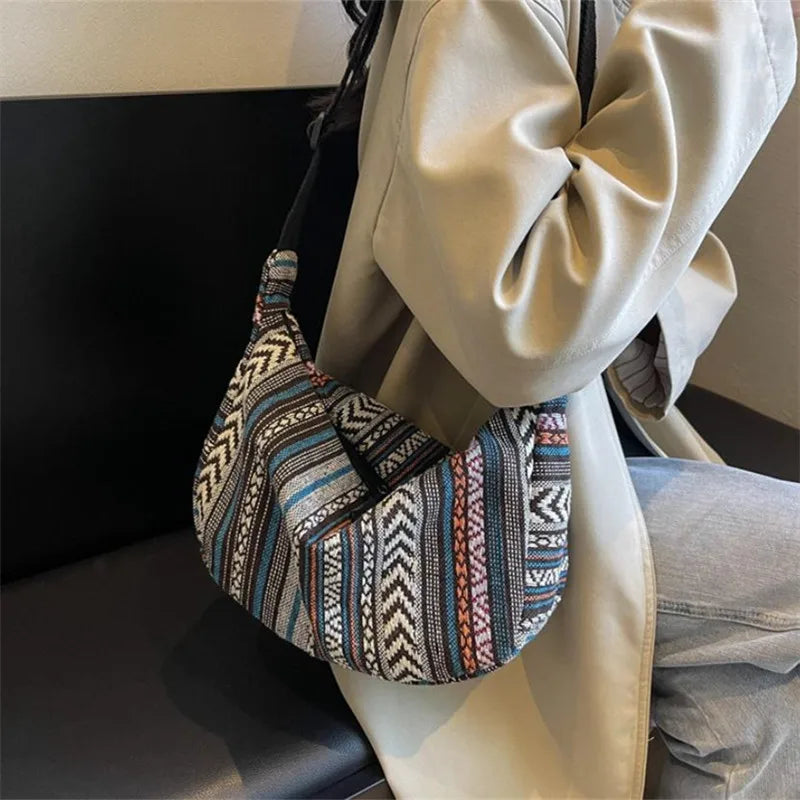 Tribal Style Shoulder Bag, Foldable Crossbody with Zipper Closure, Striped Pattern, Flag Theme Hand Washable Edge Painted Lining