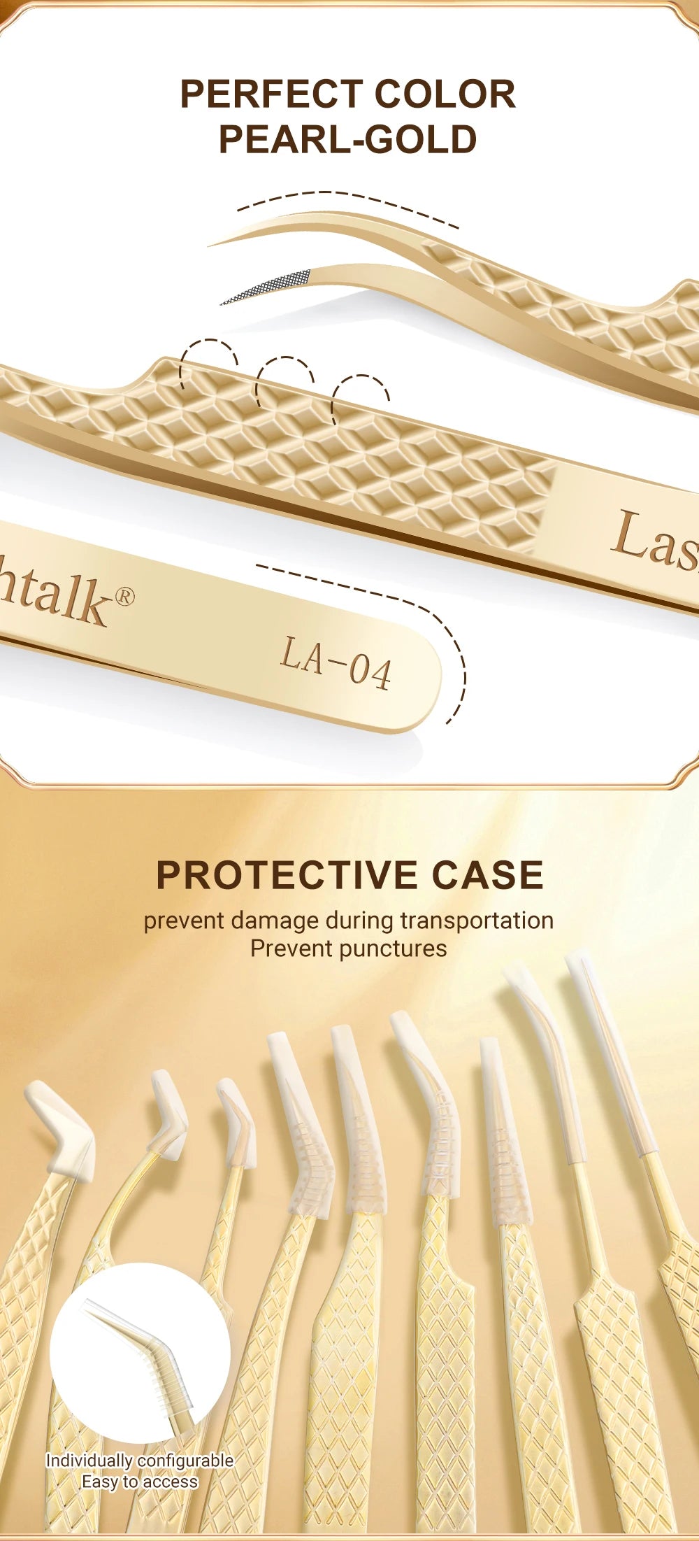 Lashtalk Precision Fiber Tip Tweezer Eyelash Extensions Diamond Grip Anti-Slip Premium Gold Stainless Steel Makeup With Box Pack