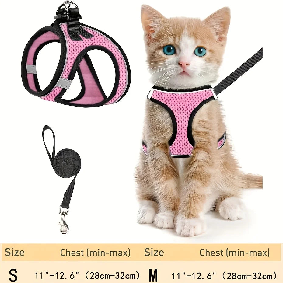 Reflective Cat Harness and Leash Set, Soft Mesh Vest, Polyester, Hand Wash Only, Escape-Proof Design, Safe Outdoor Walking, Suitable for Kittens, S/M Sizes Available