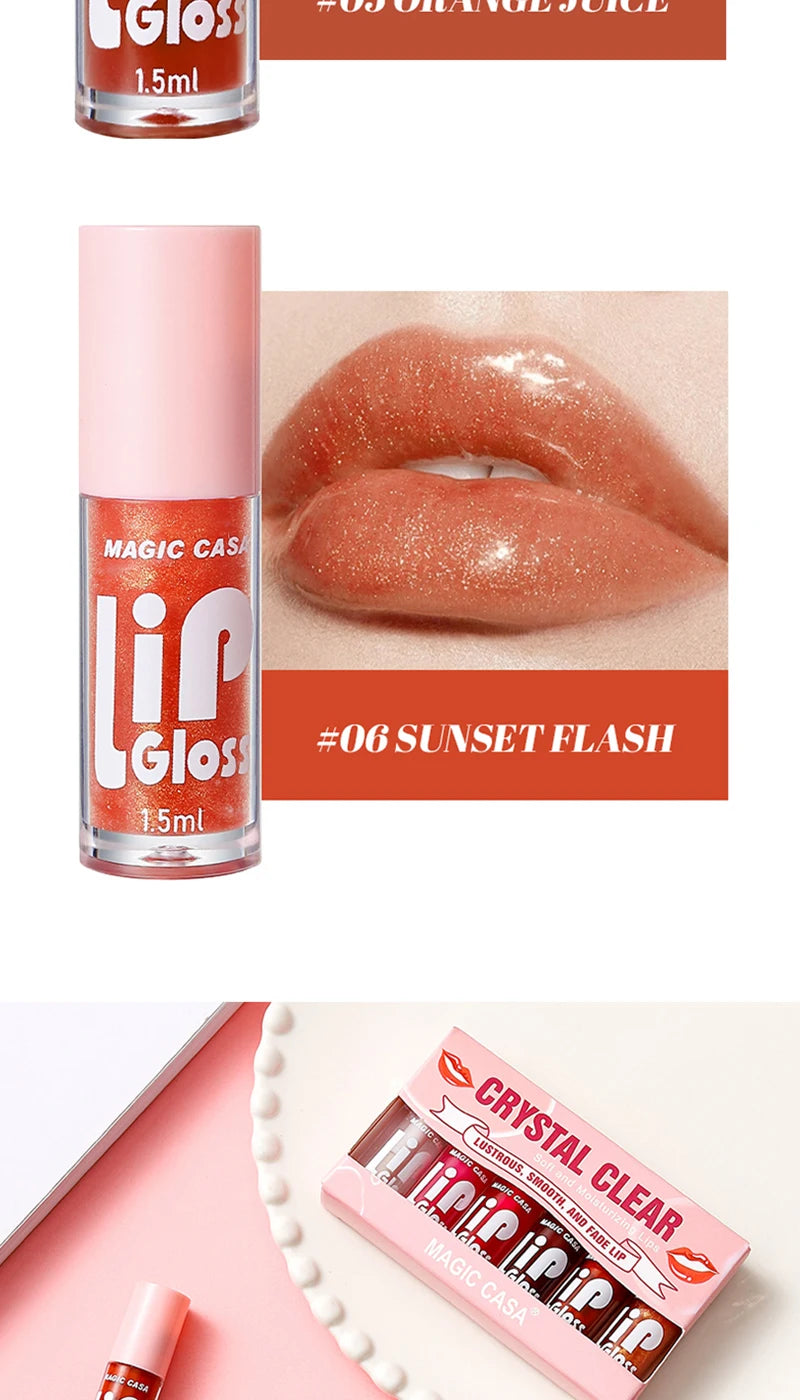 MAGIC CASA 6-Piece Set Water-Gloss Jelly Lip Oil - Plumping, Hydrating, Makeup Base, Long-Lasting Moisture
