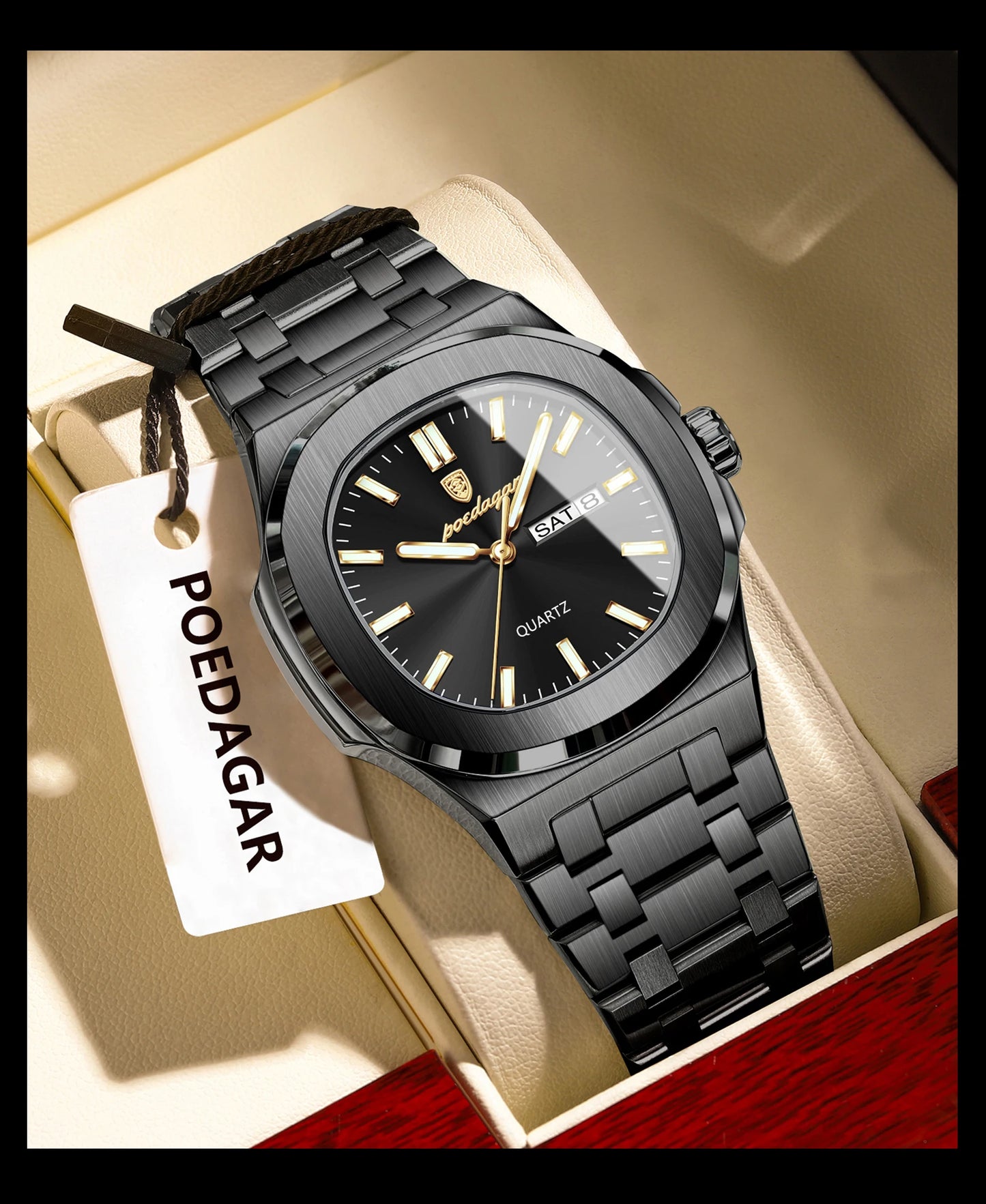 POEDAGAR Square Luxury Men's Wristwatch Luminous Waterproof Stainless Steel Male Clock Week Date Original Quartz Watches For Men