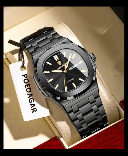 POEDAGAR Square Luxury Men's Wristwatch Luminous Waterproof Stainless Steel Male Clock Week Date Original Quartz Watches For Men