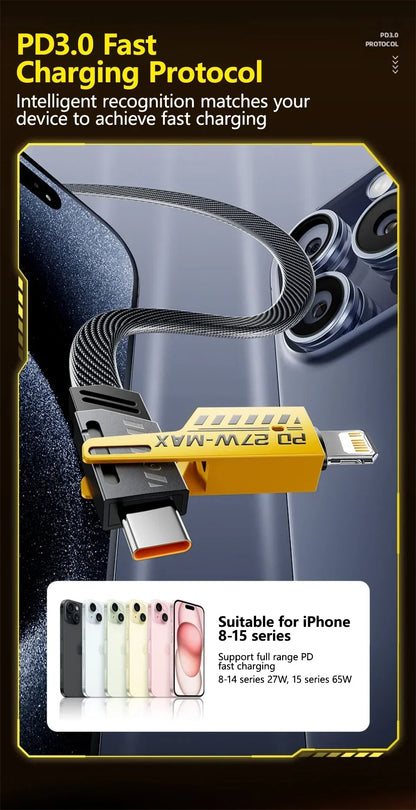 4-in-1 Fast Charging Cable, 65W PD QC Charging Cable with Multiple Connectors, Suitable for Android/iPhone