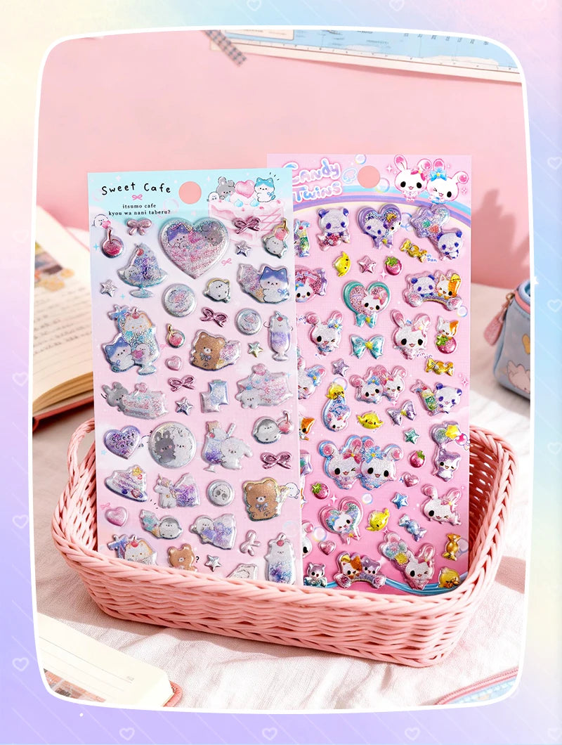 3 pcs/6 pcs Sweet Candy Pets Cat Coffee Cakes Flash Puffy 3D Stickers Scrapbooking Diy Diary Stationery Stickers School Supplies