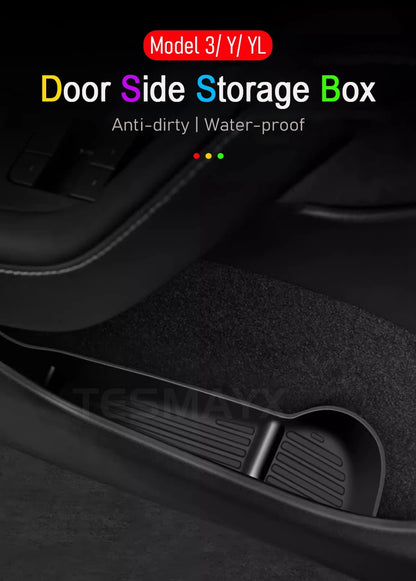 USVOTOV Car Door Side Storage Box for 2025 2026 Tesla Model Y Juniper Model 3 Model YL Accessories Door Organizer Tray Trash Can