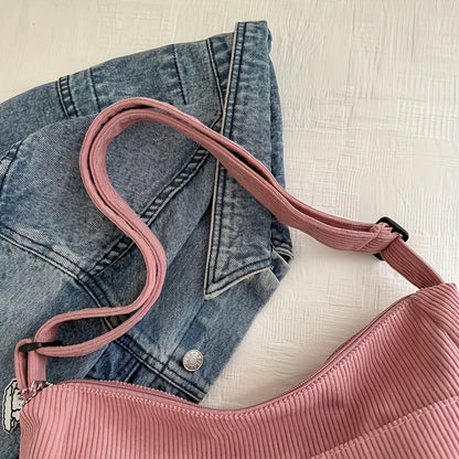 Women’s Corduroy Shoulder Bag, Casual Striped Large Capacity Tote with Zipper Closure, Cute Hat Patch, Perfect for Everyday Use