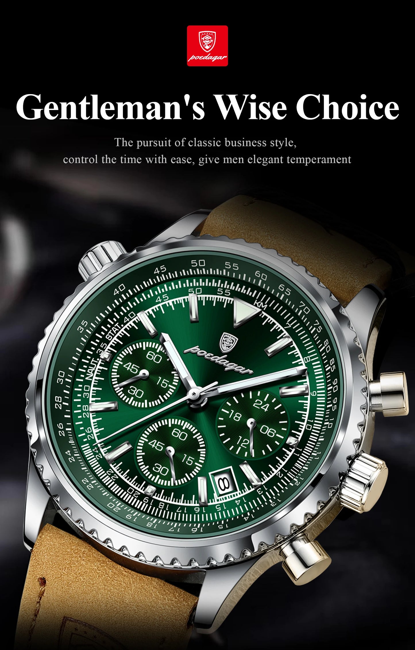 POEDAGAR Luxury Business Men's Watch Waterproof Luminous Date Chronograph Leather Man Clock Fashion Quartz Watches For Men Reloj
