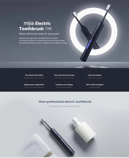 MIJIA T700 Sonic Electric Toothbrush Teeth Whitening Ultrasonic Vibration Oral Cleaner Brush Smart APP LED Display