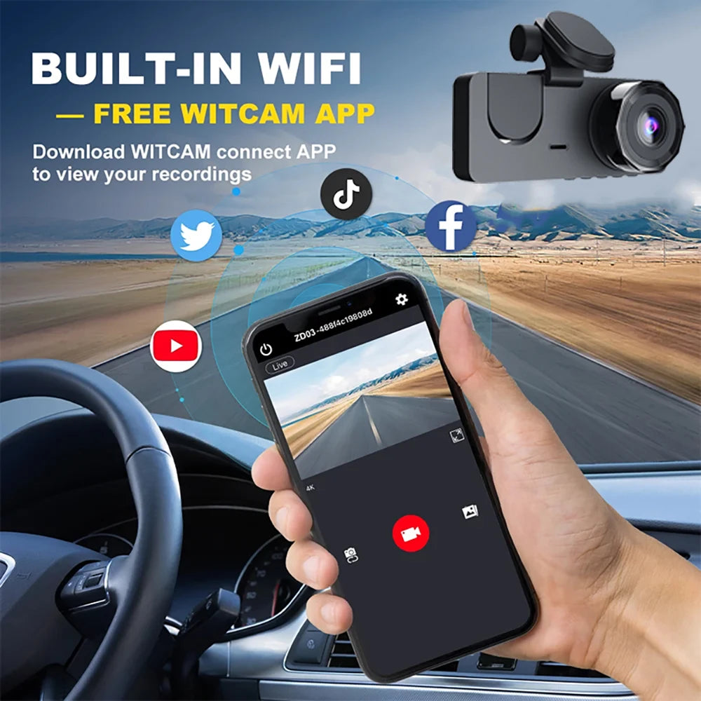3 Channel Car Camera，Triple Lens WiFi Dashcam, 1080P HD Video Recorder, Night Vision, Car DVR with Wide Angle for Front and Rea